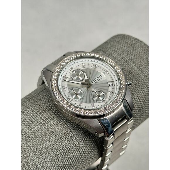 Fossil Accessories - Fossil Watch Womens 37mm Pave Bezel Decker Chrono Date Silver Tone New Battery